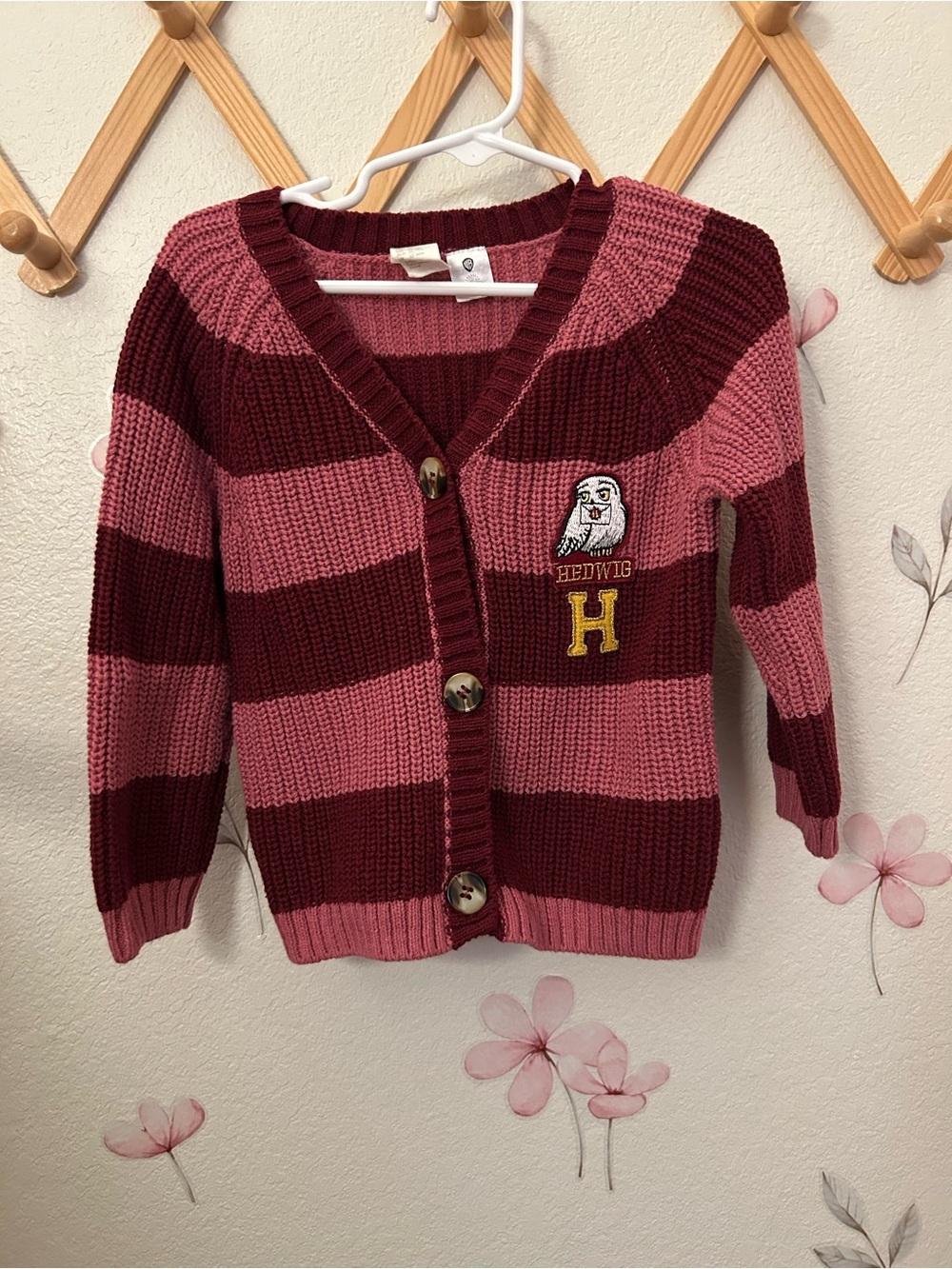 H&M Girls' Burgundy and Pink Striped Knit Cardigan with Hedwig Patch